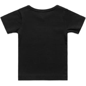A black organic infant t-shirt with short sleeves and a round neckline, featuring a logo.