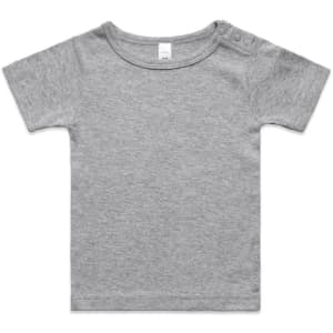 A grey infant t-shirt with short sleeves and a button detail on the shoulder, featuring a branding logo.