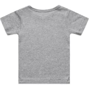 A grey infant t-shirt with a standard crew neck and short sleeves, featuring a plain back design.