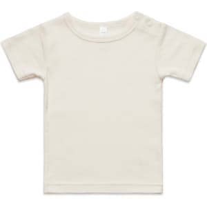 A light beige organic infant t-shirt with short sleeves and shoulder snaps, featuring a simple design.