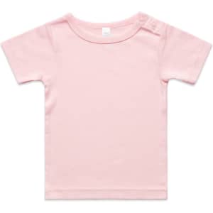 A pink organic infant T-shirt featuring a round neckline and snap button details on the shoulder.