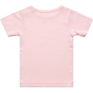 A pink infant t-shirt with a simple design and short sleeves, featuring a branding logo.