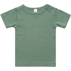 A green organic cotton infant t-shirt featuring a crew neck and snap buttons on the shoulder.