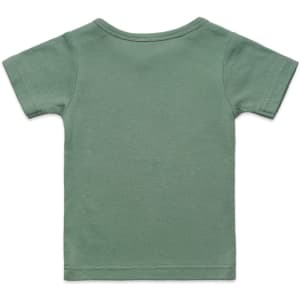 A green organic infant t-shirt with a short-sleeve design. Features a plain back and includes a branding logo.
