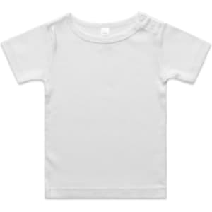A white organic infant t-shirt featuring a snap button closure at the shoulder and a simple design.