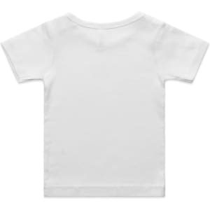 A white infant T-shirt with short sleeves and a plain back, featuring a logo.