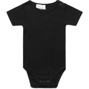 A black organic infant one-piece with short sleeves and snap closures at the bottom, featuring a logo.