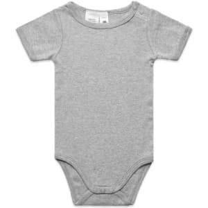 A grey organic infant one-piece with short sleeves and snap closures. Features a small label and minimalistic design.