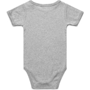A grey organic infant one-piece with short sleeves and a snap closure at the bottom. It has a logo on the back.