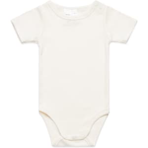 A cream-coloured infant one-piece with short sleeves and snap closures at the shoulder and bottom. It has a logo.