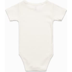 A cream-coloured infant one-piece suit with short sleeves, featuring a plain back design.
