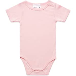 A pink organic infant one-piece with short sleeves and snap closures at the shoulder and bottom.