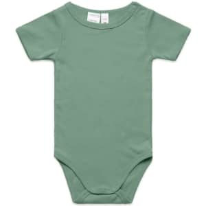 A green organic infant one-piece with short sleeves and snap closures at the bottom. It has a small logo.