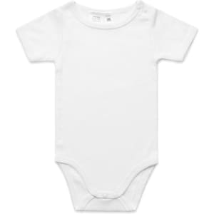 A white organic infant one-piece with short sleeves and snap buttons, featuring a simple, clean design.