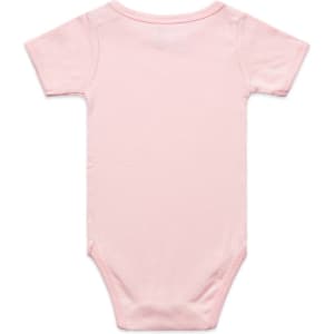 A light pink organic infant one-piece with short sleeves and a snap closure at the bottom. Features a logo.