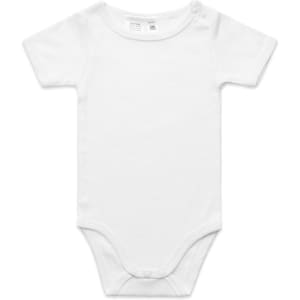 A white organic infant one-piece with short sleeves and a snap closure at the bottom. It features a logo tag.