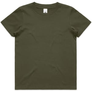 A dark olive green kids' T-shirt featuring a crew neck and short sleeves, with a branding label.