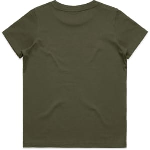 A plain olive green children's T-shirt with short sleeves and a simple design. Features a logo on the back.