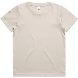A beige kids' T-shirt featuring a classic crew neck and short sleeves, with a small logo at the neckline.