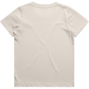 A beige kids' staple tee, featuring a simple crew neckline and short sleeves, with a logo on the back.
