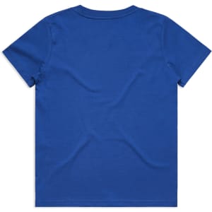 A blue youth staple tee with a plain back and short sleeves, featuring a logo.