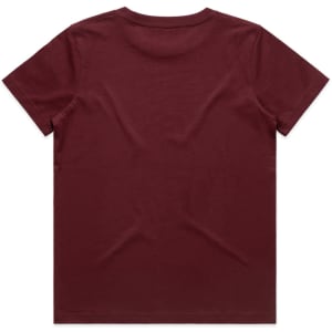A maroon kids' T-shirt featuring a simple design and a logo on the back.