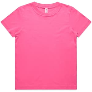 A bright pink kids' T-shirt with a round neck and short sleeves, featuring a logo on the label.