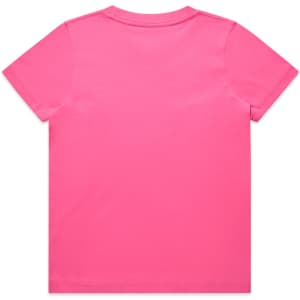 A pink kids' T-shirt with a plain back and a logo on the neck area.