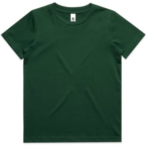 A green kids' staple tee featuring a classic crew neck design and a tag label.