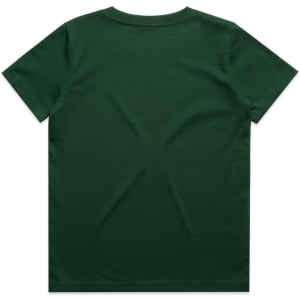 A green kids' staple tee with a plain back design, featuring a logo on the label.