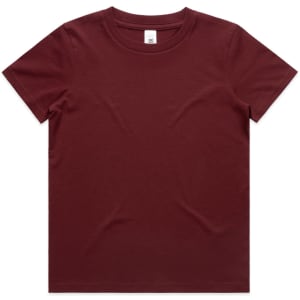 A maroon kids' T-shirt featuring a crew neck and short sleeves, with a label inside the neckline.