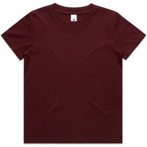 A maroon kids' T-shirt with a crew neck and short sleeves. The shirt features a label inside the neckline.