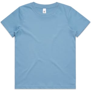 A blue staple tee for kids featuring a classic crew neck design and short sleeves. Includes a logo on the label.