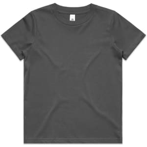 A grey children's t-shirt with a crew neck and short sleeves, featuring a logo at the neckline.