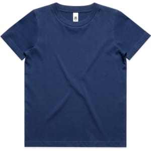 A navy blue kids' staple tee with a classic crew neck design and short sleeves. It has a label inside.