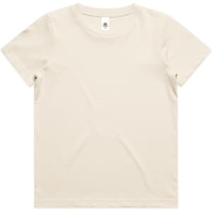 A plain beige kids' t-shirt with a round neck and short sleeves, featuring a brand logo.
