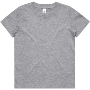 A grey kids' staple tee with a round neckline and short sleeves. It features a tag at the collar.
