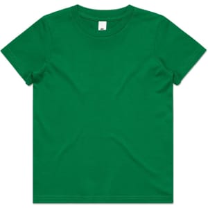 A green children's t-shirt featuring a round neckline and short sleeves. It has a label inside and a small logo on it.