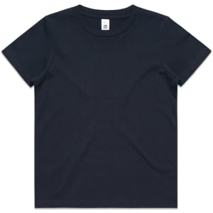 A navy blue kids' T-shirt with a round neckline and short sleeves, featuring a logo.