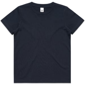A dark navy blue kids' t-shirt with a classic round neckline and short sleeves, featuring a logo tag.