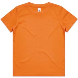 An orange kids' t-shirt with a classic crew neckline and short sleeves, featuring a brand logo on the label.