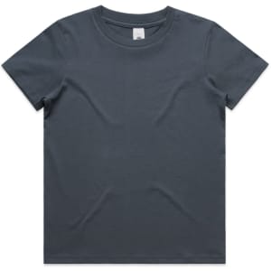 A kids' t-shirt in a dark blue-grey colour, featuring a plain design and a tag inside. It has a logo on the label.