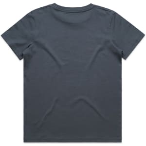 A grey kids' t-shirt with a simple design and a logo on the back.