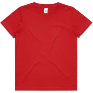 A red kids' T-shirt featuring short sleeves and a classic fit. It has a label inside and includes a branding logo.