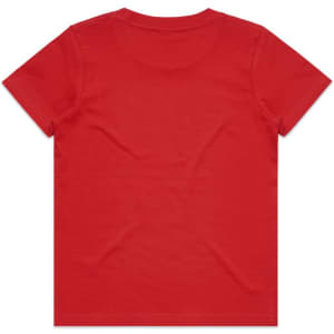 A red kids' t-shirt featuring a plain design and a logo on the back.