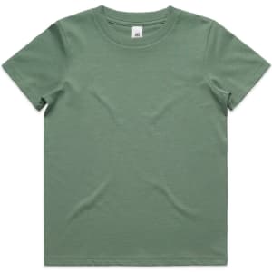 A green kids' staple tee with a classic crew neck design and a label inside the neckline.