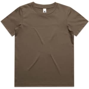 A brown kids' t-shirt with a simple design and a label tag. It has no visible logos or branding.