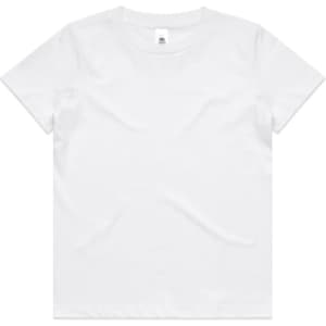 A white kids' staple tee shirt with a simple design and a logo on the label.