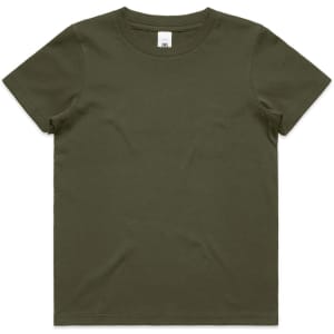A youth staple tee in olive green, featuring a classic crew neck and short sleeves. The shirt has a logo on the inside label.