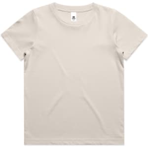 A light beige youth t-shirt with a round neckline and short sleeves, featuring a logo on the label.